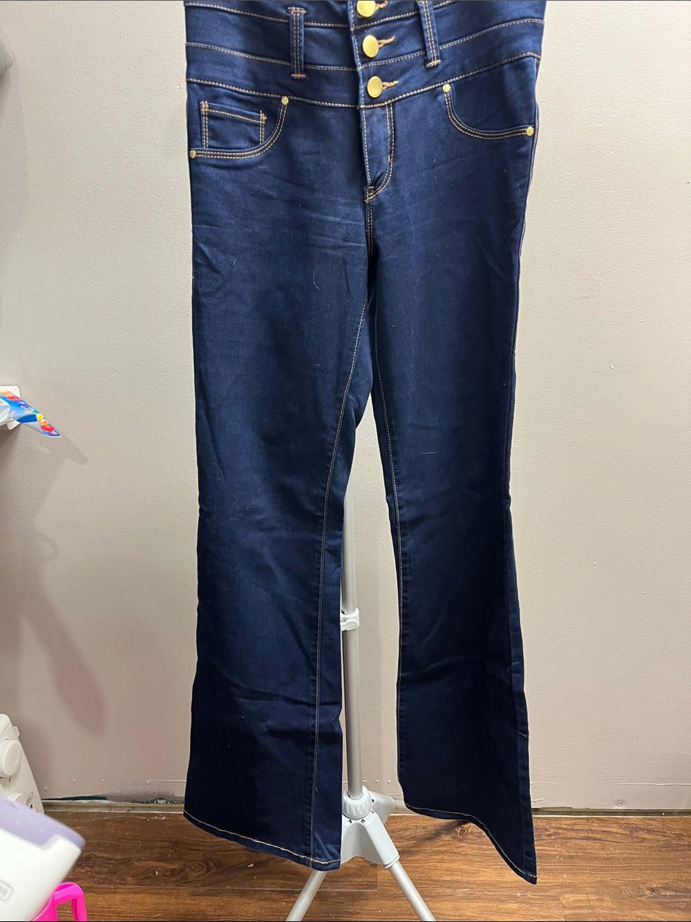 Tinseltown Dark Blue High-Waist Flare Jeans with Gold Buttons